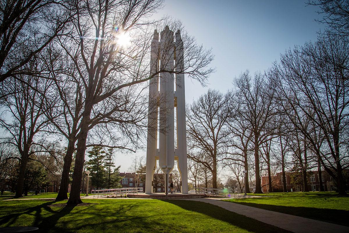 Pictured in spring 2022, the Memorial Bell Tower is surrounded by the beauty of the Missouri Arboretum.