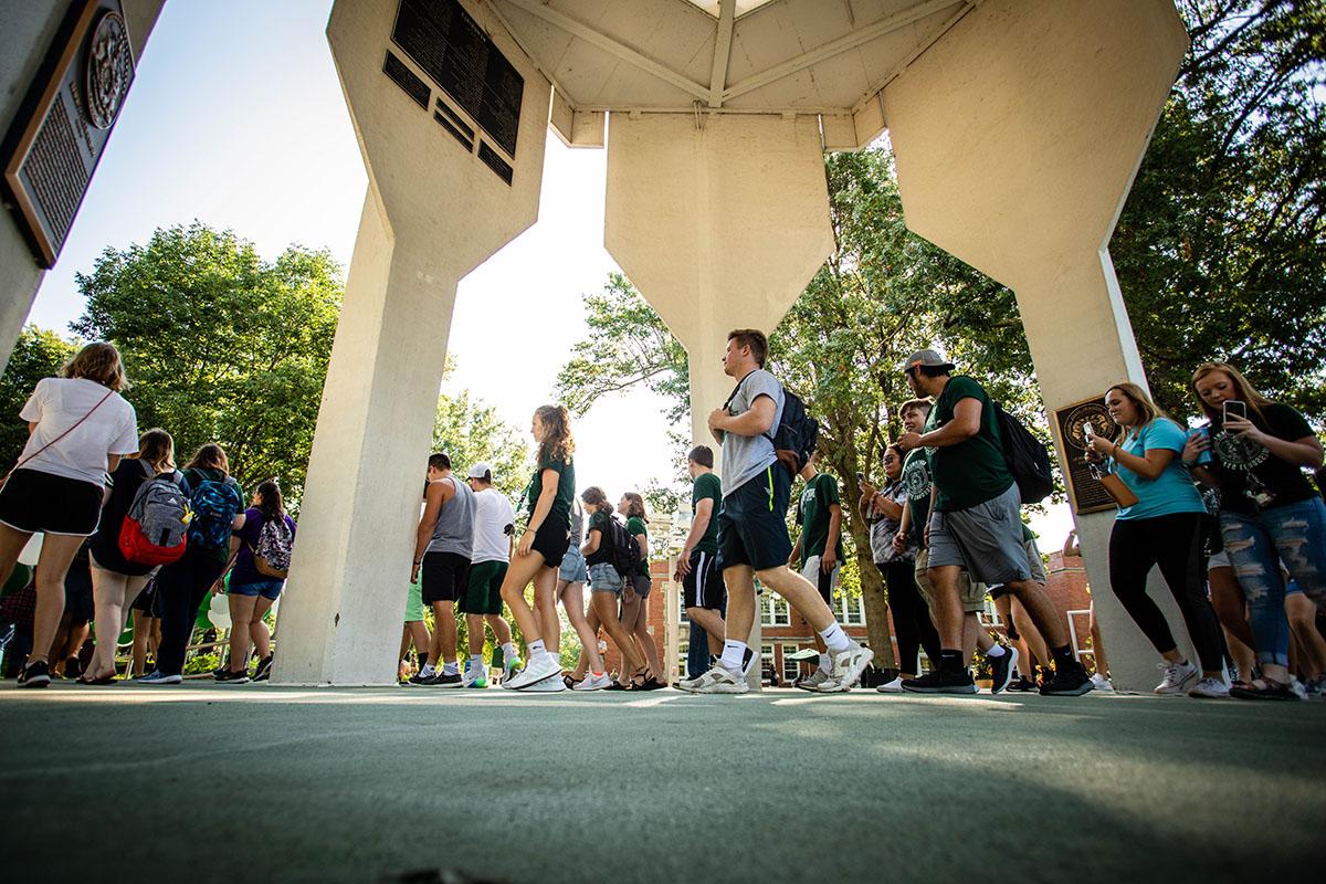 Incoming Northwest students annually parade under the Memorial Bell Tower during the “March to the Tower” to mark their passage into the Bearcat family. 