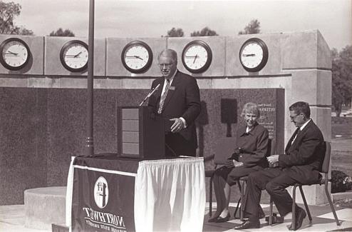 During the dedication of the Joyce and Harvey White International Plaza in 1998, then-University President Dr. Dean Hubbard addressed the crowd as Joyce and Harvey White were honored.